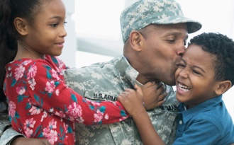 Father in military outfit with his young son and daughter