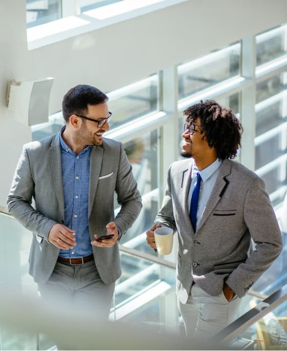 Two men in gray suits walking up stairs