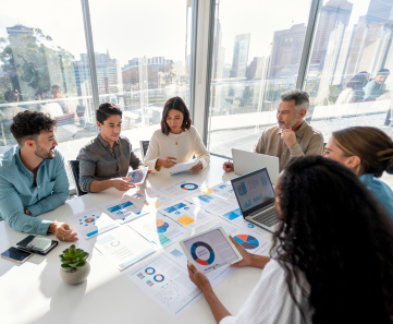 Young group reviewing charts and paperwork in office setting